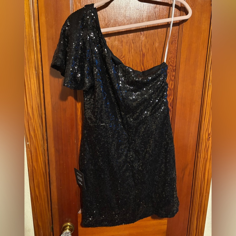 LULU’S Midnight Black Sequin One Shoulder Dress Size Large - Picture 5 of 6